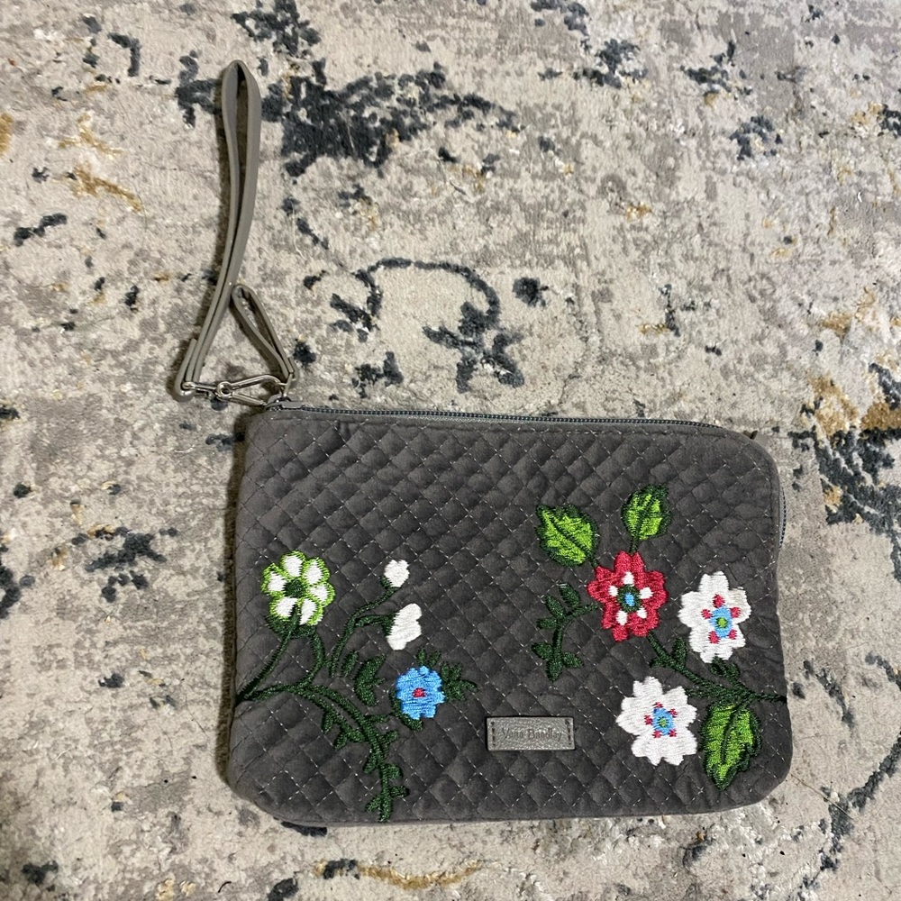Vera Bradley Embroidered Floral Velvet/Leather Zip Wristlet Clutch Wallet Gray